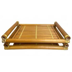 Set of 2 Bamboo Rattan Serving Stackable Trays Vintage Chinese Decor 1970's